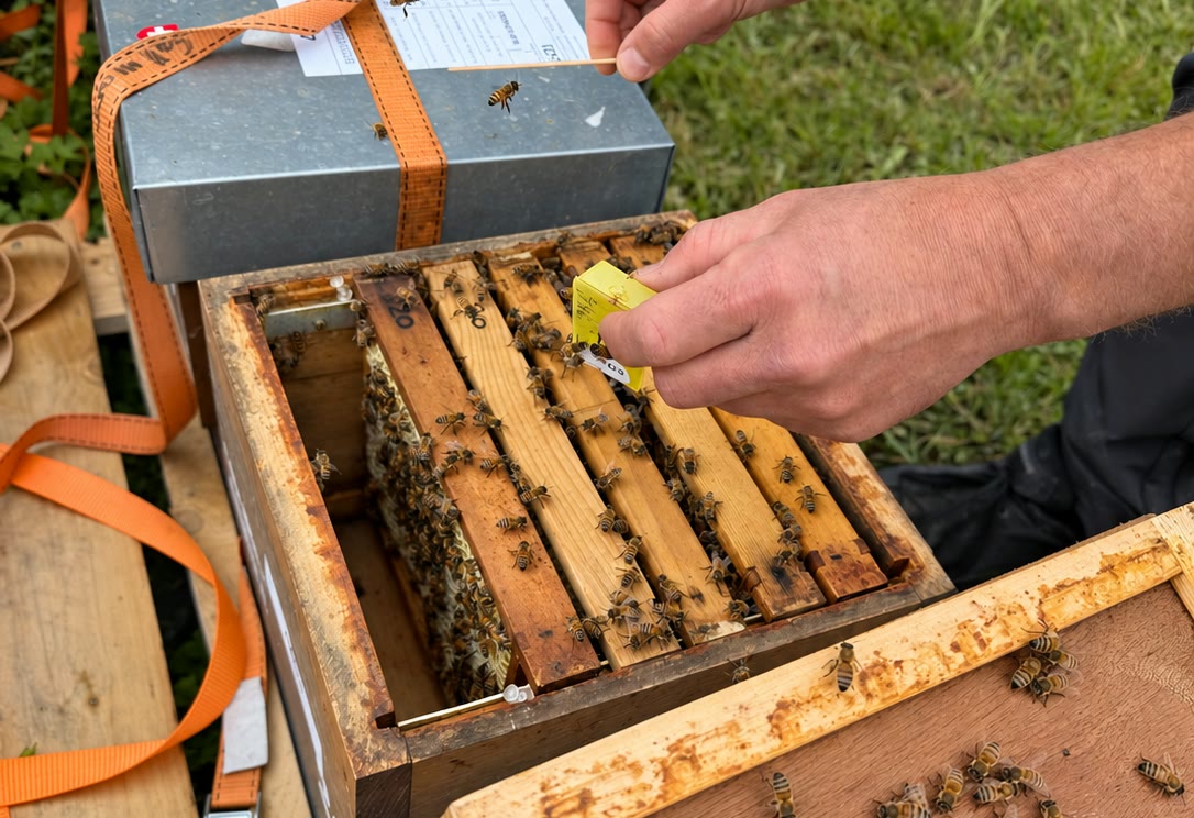 Geöffneter Begattungskasten mit Rähmchen; eine Hand hält einen gelben Zusetzkäfig über die Bienen